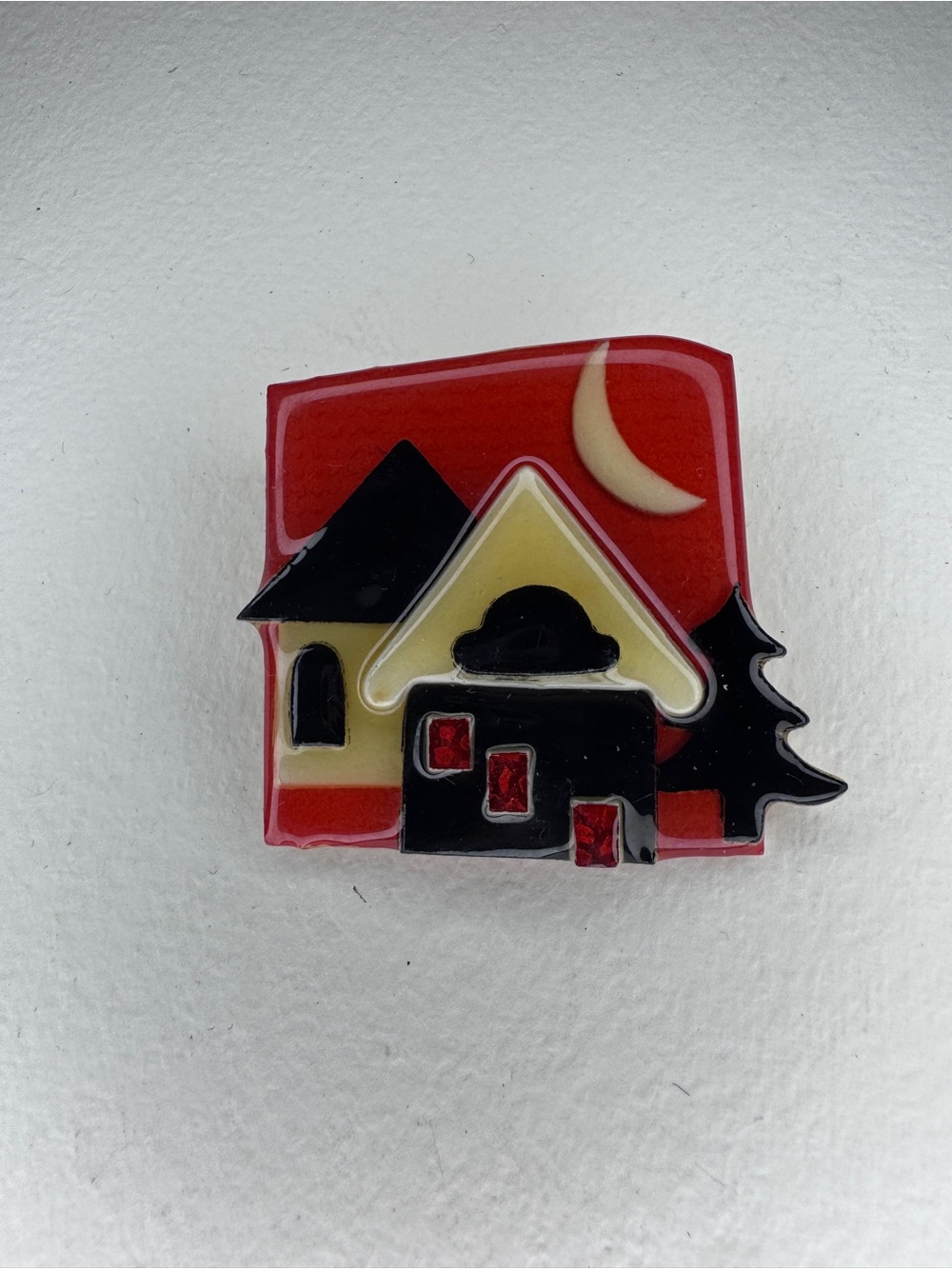 Vintage House Pin by Lucinda Brooch Red Black House Moon Square 2"